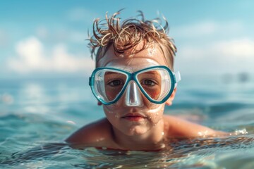Naklejka premium A child floats in crystal-clear sparkling ocean water wearing a blue snorkeling mask, enjoying a perfect sunny day with the serene horizon in the background.