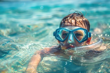Naklejka premium This image showcases a child swimming underwater with a snorkel in a crystal-clear ocean, capturing the adventurous spirit and excitement of underwater exploration.