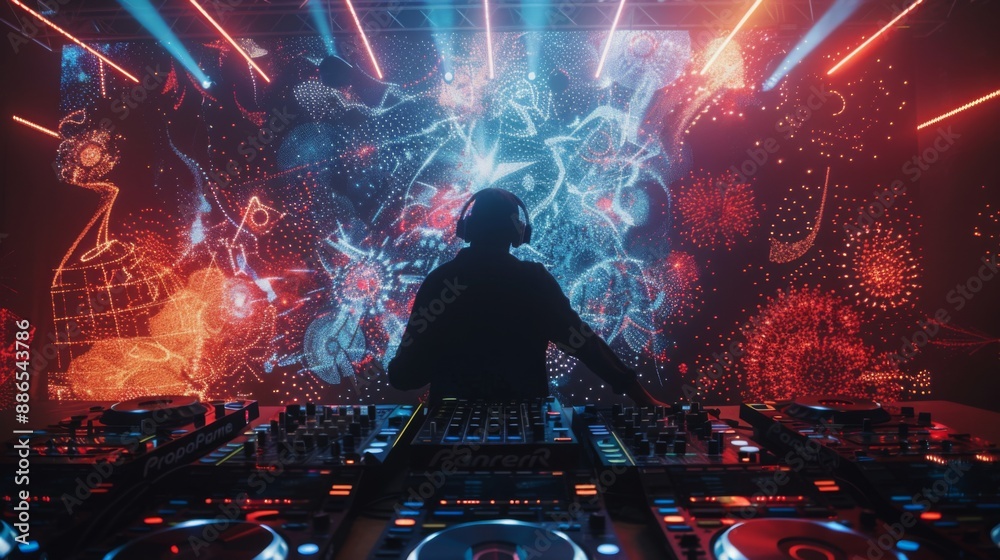Poster a dj performs under a large projection screen filled with glowing, colorful patterns. the dj is silh