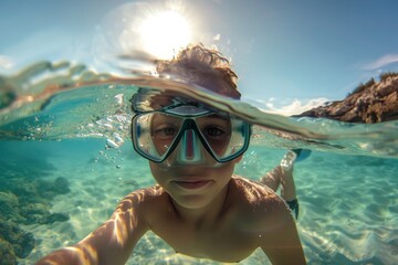 Naklejka premium A child swims underwater in a bright, clear sea with sunlight streaming through the currents, capturing a blend of adventure, playfulness, and tranquility.