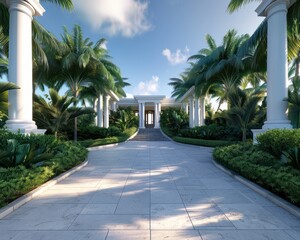 Fototapeta premium Escape to a Luxurious Colonial Paradise Discover Tranquility Amidst Iconic Palm Trees and Pristine Beaches, Experience Unparalleled Elegance and Relaxation in a Tropical Oasis