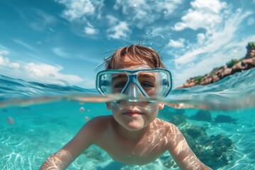 Naklejka premium A young kid wearing clear protective goggles, swimming underwater with the blue sky and clouds visible above, enjoying a fun summer day in the turquoise ocean.