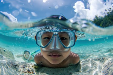 Naklejka premium A young snorkeler explores underwater wonders with their goggles, illuminated by the sun's rays revealing a serene and enchanting underwater scene.
