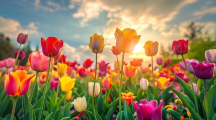 Obraz premium Colorful Tulip Field at Sunset.