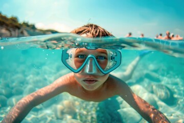 A boy swimming underwater in the clear ocean while wearing large goggles, with a stunning view of the rocky seabed and clear blue waters surrounding him.