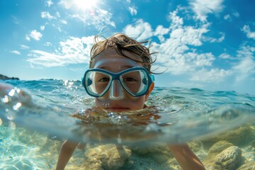 Naklejka premium A child equipped with goggles is seen from behind, emerging from the ocean surface under a bright sunny sky. It's a perfect depiction of exploration and fun in nature.