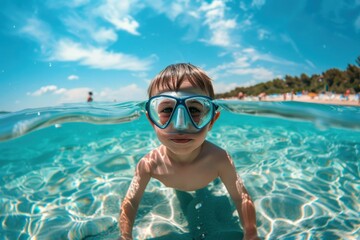 Naklejka premium A child enjoying the seawater with a smiling face, wearing goggles, depicted in a bright and clear underwater scene that highlights the pure joy of being in water.