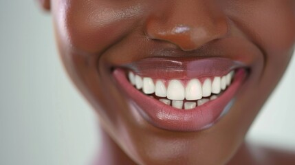 Obraz premium Perfect white teeth African American black girl close up. Female toothy veneer smile. Dental care and stomatology