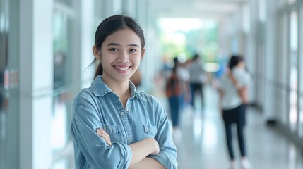Fototapeta premium Indonesian Female Student Smiling in School Corridor, Diversity, Modern Education, Positive Youth