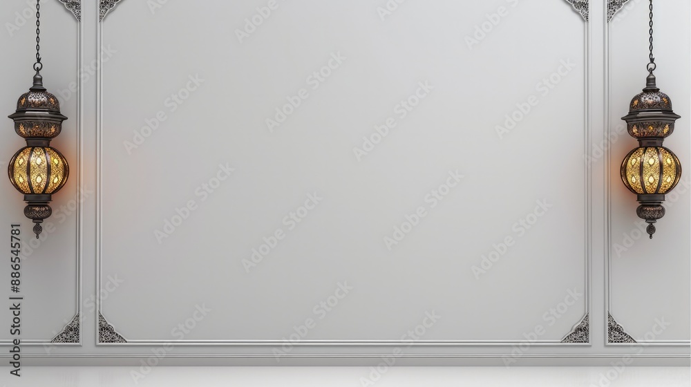 Aufkleber plain white background with islamic lantern ornaments on the top right and left sides. generative ai