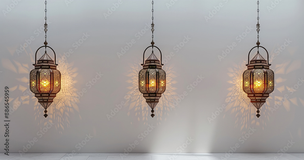 Poster Plain white background with Islamic lantern ornaments on the top right and left sides. Generative AI.