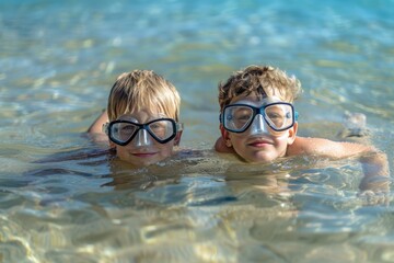 Naklejka premium This image captures two kids enjoying swimming in shallow water with goggles on, highlighting the playful and energetic atmosphere of childhood activities in the ocean.