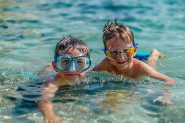 Naklejka premium Two young children having fun while swimming in crystal clear blue water, wearing goggles. The image depicts joy, summer fun, and outdoor activities.