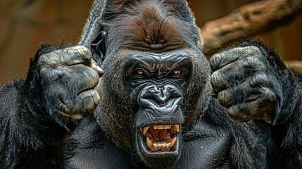 A Muscular Black Angry gorilla roaring with closed fists and mouth wide open, gorilla in anger concept