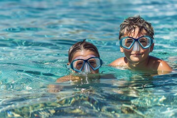 Naklejka premium Two children, both wearing swimming goggles, swimming in crystal clear blue water. The image represents joy, summer fun, and the innocence of childhood.