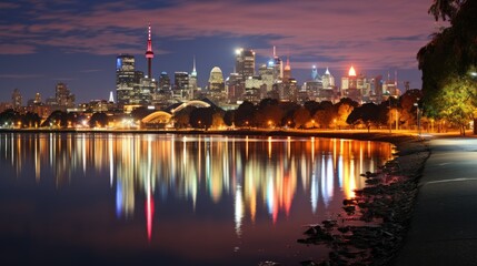 Naklejka premium Futuristic_city_skyline_illuminated_by_niHD 8K wallpaper Stock Photographic Image of diffrent connected communities 
