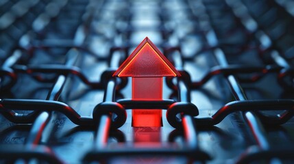 A glowing red arrow rises through intersecting metal chains, symbolizing growth and breaking barriers in a futuristic and conceptual setting.