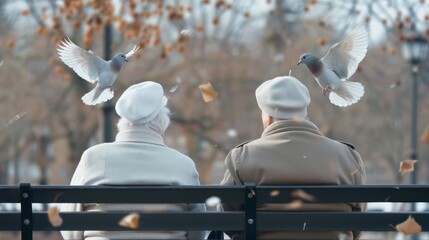 Elderly couple on a park bench, feeding birds and enjoying the fresh air, reflecting leisure and relaxation in their golden years