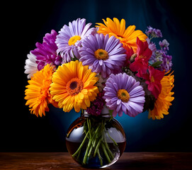 Floral arrangement in a transparent glass vase with gerbera flowers and other flowers