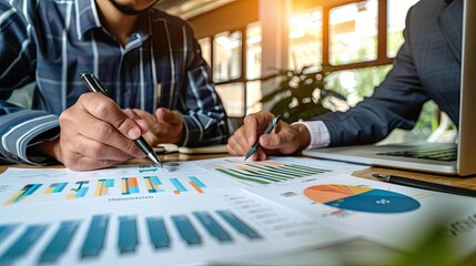 Two business professionals analyzing financial charts and graphs in a modern office setting during a collaborative meeting.