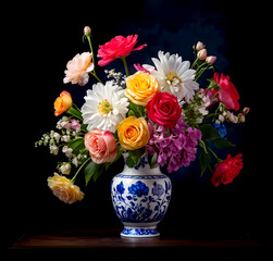 Bouquet of flowers in a white porcelain vase painted blue, with roses and other natural flowers