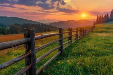Fototapeta premium Sunset Over a Wooden Fence in the Countryside