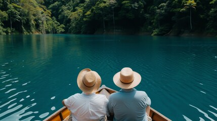 Elderly couple on a relaxing outing by the lake, enjoying a peaceful boat ride, serene water and lush greenery creating a perfect backdrop for their trip