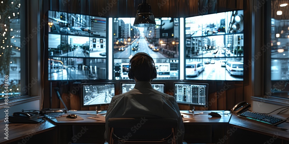 Poster a security office. there is a person sat in his desk with 4 screens and monitors in front of him. it