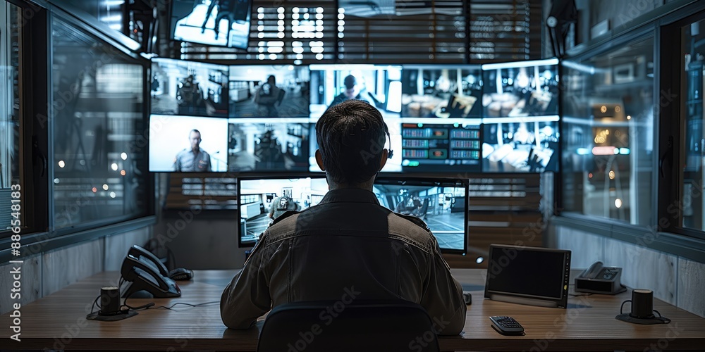 Aufkleber A security office. there is a person sat in his desk with 4 screens and monitors in front of him. it is a surveillance room. Generative AI.