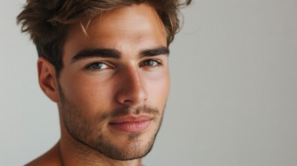 Fototapeta premium A man with brown hair and a five o'clock shadow stares intently at the camera with a soft, hazy background