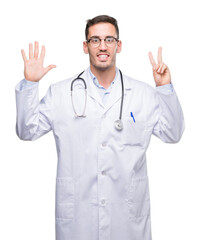 Handsome young doctor man showing and pointing up with fingers number seven while smiling confident and happy.