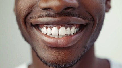 Fototapeta premium Perfect white teeth African American black man close up. Male toothy veneer smile. Dental care and stomatology