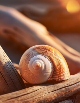 Still life with a Seashell Sheltered by Driftwood on Beach