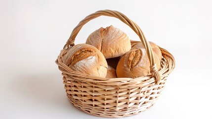 Basket of Fresh Bread on White Background. Traditional Bakery Products in Woven Container