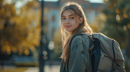 Front view of a beautiful young girl student wearing a casual outfit with school bag with soft blurred city on the background and natural day light