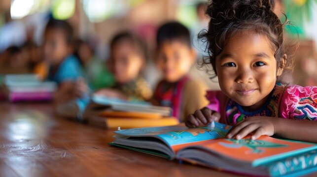 Children reading books in a village classroom, literacy, education for all