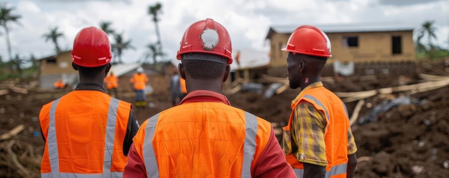 International aid workers building homes after a disaster, aid, resource rebuilding