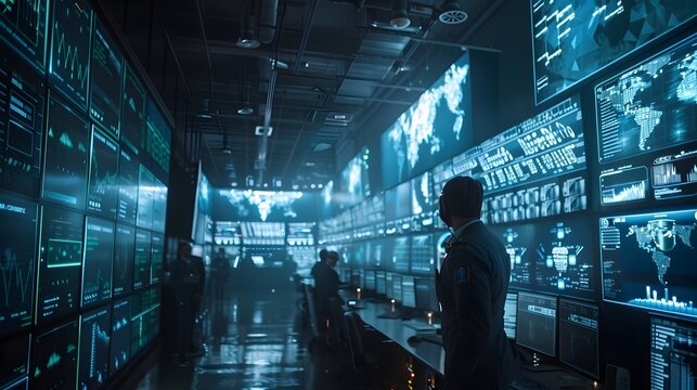High Tech Security Center with Cybersecurity Experts Monitoring Digital Threats in Real Time