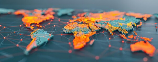 Digital map showing fair trade routes with global warming hotspots, emphasizing equitable trade in climate-affected regions, global trade, environmental fairness