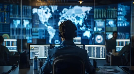 Cybersecurity Center Monitoring Digital Threats in Real time on Advanced Screens