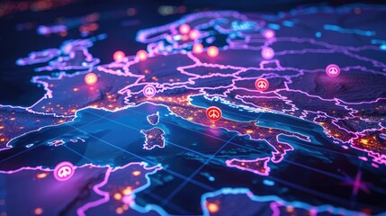 Digital map with highlighted conflict zones, overlaying news headlines and peace symbols, geopolitical tension, conflict zones