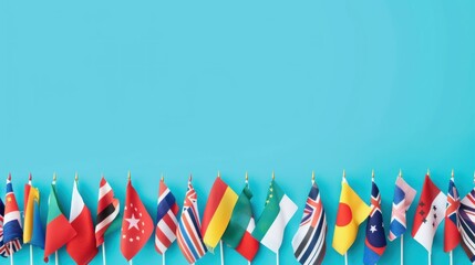 Global community gathering with flags and banners for International Labor Day with minimalist background