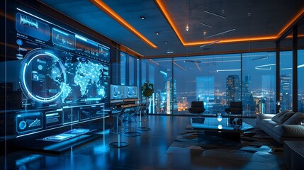 Futuristic Digital Workspace with Smart Screens and Interactive Furniture