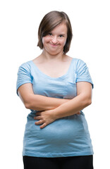 Young adult woman with down syndrome over isolated background happy face smiling with crossed arms looking at the camera. Positive person.