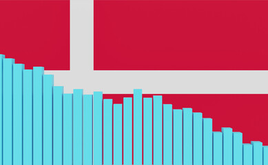 Denmark, sinking bar chart with Danish flag. Weak economy, recession. Negative development of GDP, jobs, productivity, real estate prices, retail sales or falling industrial production.