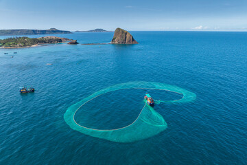 Aerila view of Green anchovies fishing net in Hon Yen, Vietnam © Satoriphotos