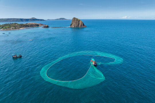 Aerila view of Green anchovies fishing net in Hon Yen, Vietnam