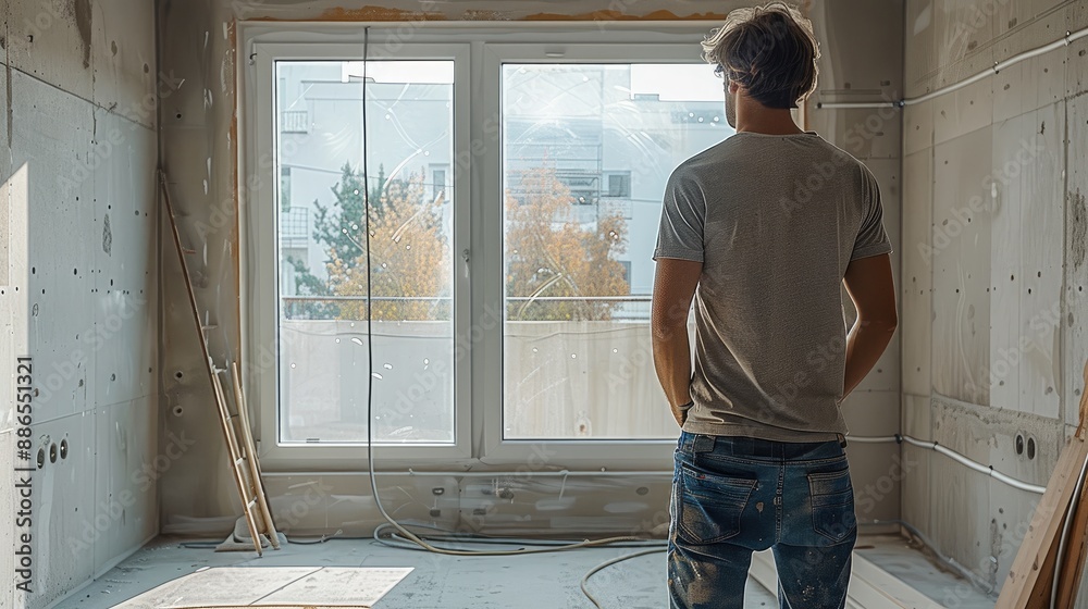 Aufkleber A professional designer is calibrating some windows in an unfinished house. There are visible signs of construction on the concrete walls around him. Generative AI.