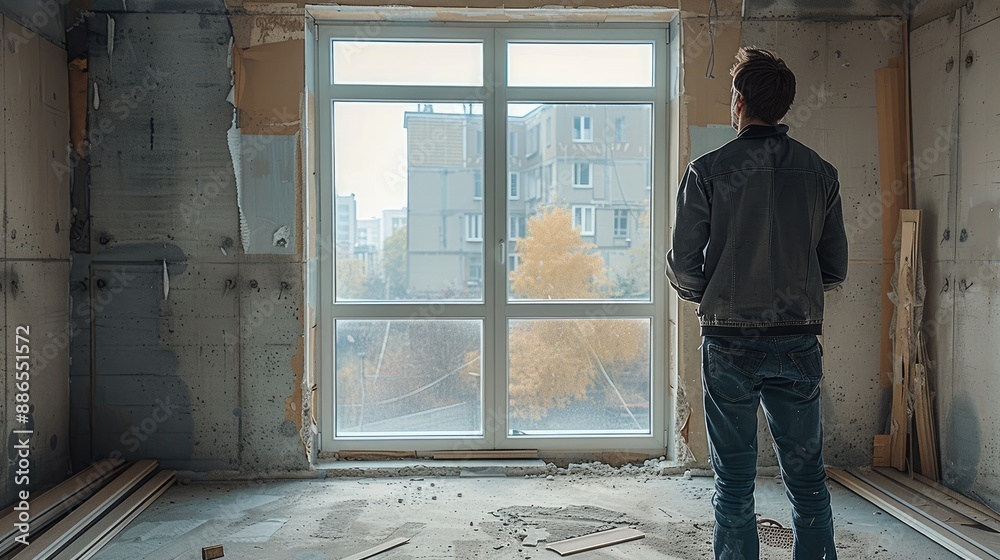 Poster a professional designer is calibrating some windows in an unfinished house. there are visible signs 