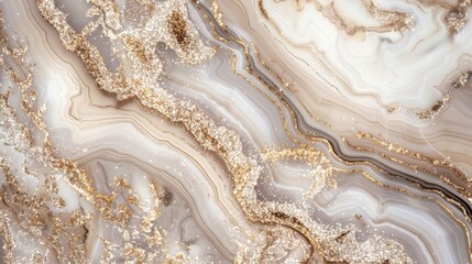 Luxurious agate stone inspired abstract fluid art background with golden glitter flowing through white and brown marble texture